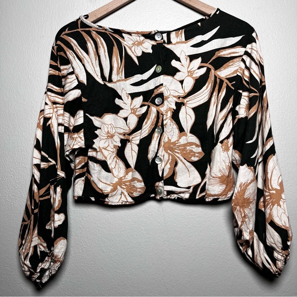 Rachel Zoe Women Linen Crop Top Small Green Floral Boho Puff Sleeve Resort‎ - Picture 4 of 10